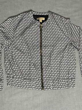 Michael Kors Black & White MK Monogram Zip Front Bomber Jacket